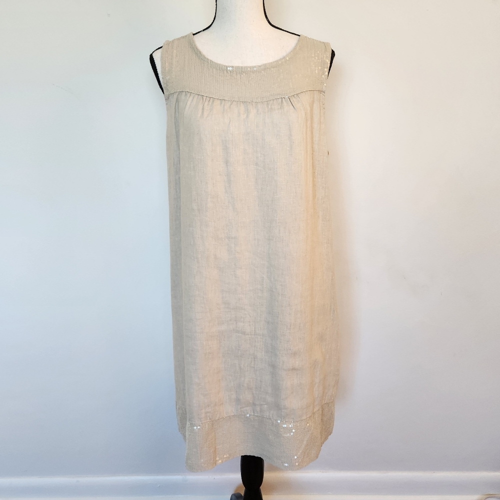 Blu Orchid Linen Dress Sequins Sleeveless Summer  Sundress Tunic Beige Italy M - Picture 2 of 13